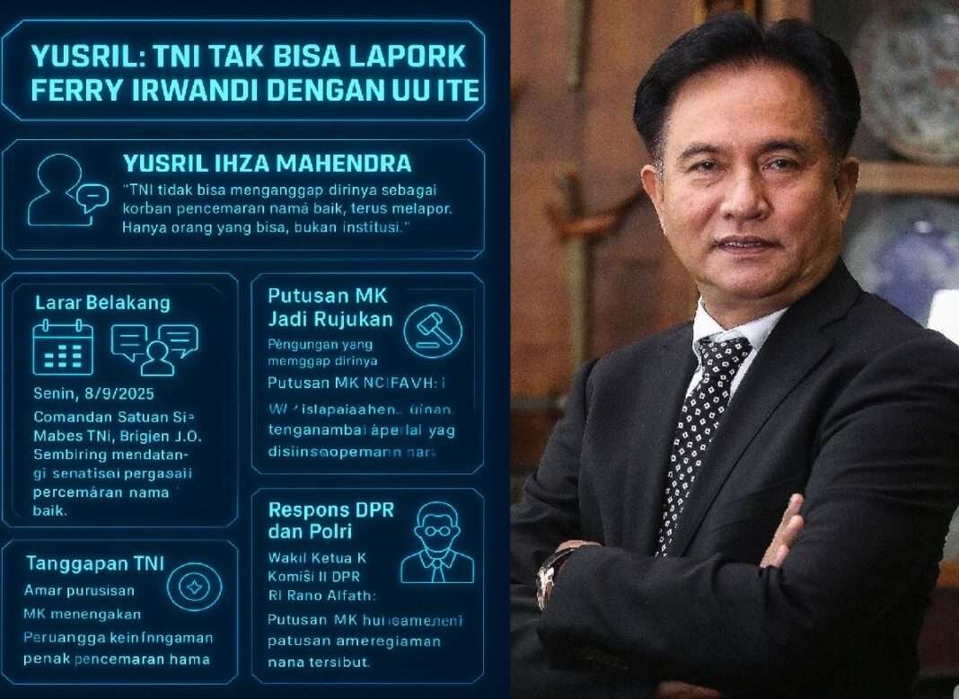 Yusril: TNI Tak Bisa Laporkan Ferry Irwandi dengan UU ITE, Putusan MK Tegaskan Hanya Individu yang Berhak